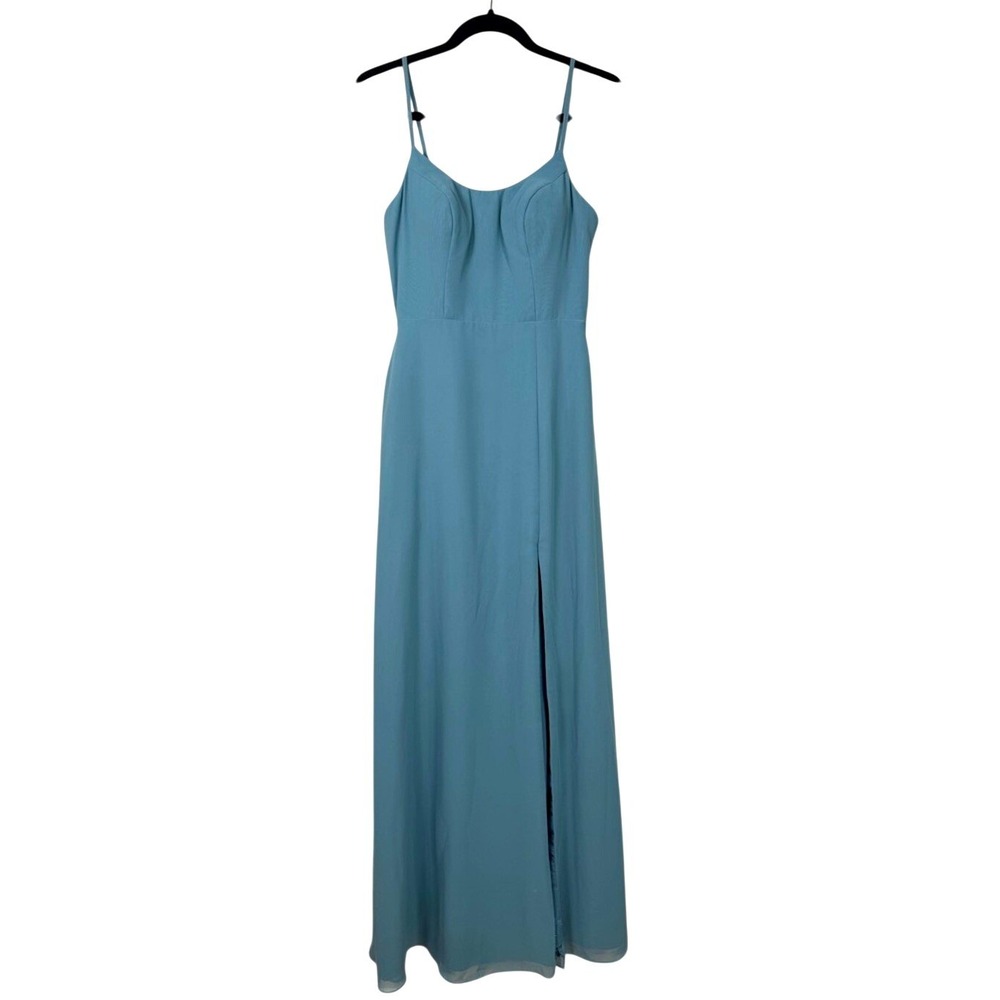 Azazie A2 Dusty Blue Spaghetti Strap Maxi Dress High Slit
